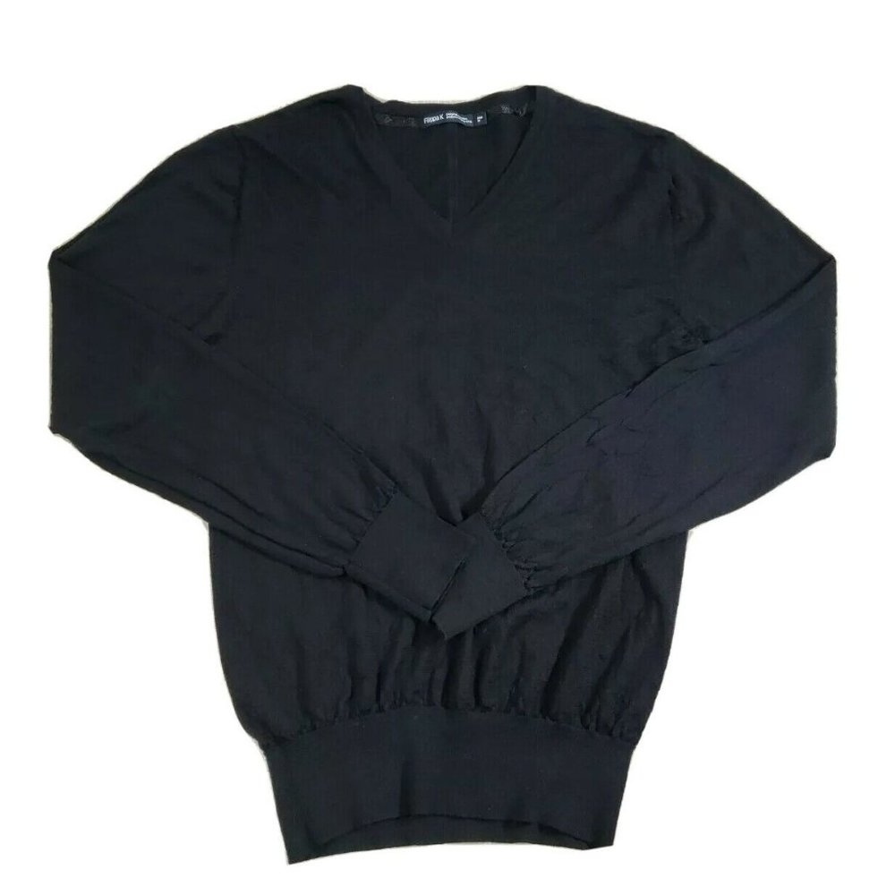 Flippa K Men's Wool Blend Sweater Black V Neck Thin Knit Swedish Design